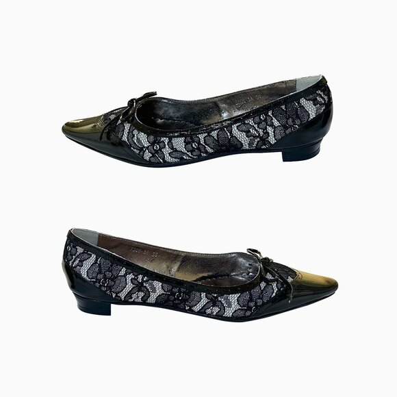 Cochni Black Leather Whimsigoth Goth Floral Lace Bow Point Toe Kitten Heel Sz 6 - Picture 2 of 9